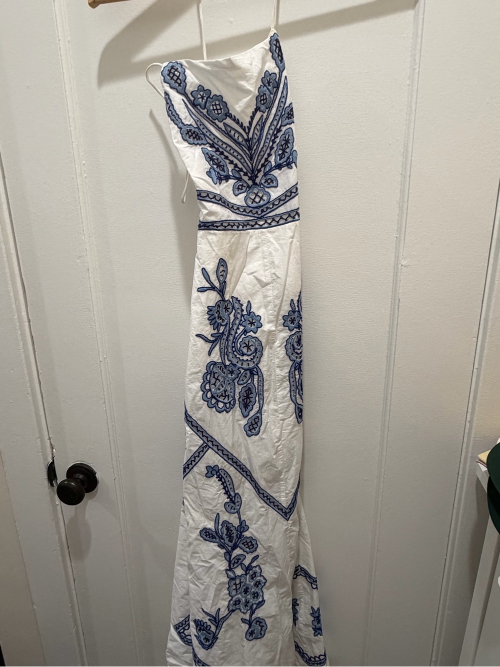 Zara White Strapless Maxi with Blue Hem Detail